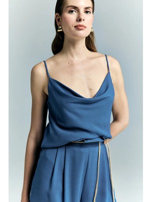 Sateen Degaje Yaka Dökümlü Bluz - Indigo