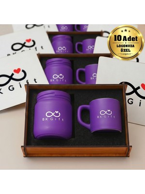 BK Gift Logonuza Özel 10 Adet Kutulu Mor Renk Mum ve Kahve Fincanı Seti – Ahşap Kutulu Kurumsal Hediye Seti