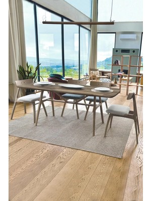 Unboxdeco 8 Kişilik Slim Masif Ceviz Ahşap Masa Takımı, 8 Adet Slim Ceviz Sandalye - Bej 180X80