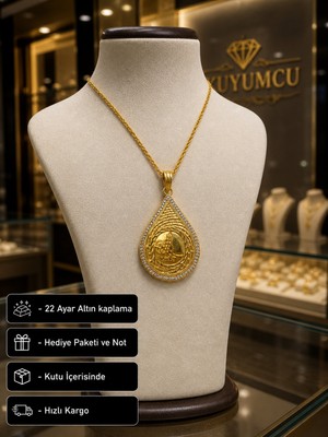 Herşey Nota 22 Ayar Altın Kaplama Osmanlı Tuğra Desenli Taşlı Damla Kolye Hediye