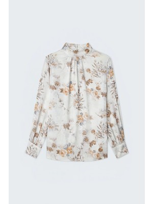 Sateen Çiçek Desenli Bluz - Kahve