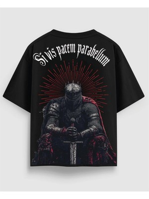 Yolo Street Oversize Unisex Siyah Tişört – Sivis Pacem Parabellum Yazılı Ortaçağ  Yazılı Şövalye Baskı, %100 Pamuk Streetwear Tasarım
