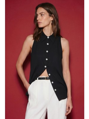 Sateen Halter Yaka Gömlek - Siyah