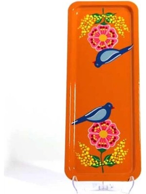 Dedemin Emayeleri Dikdörtgen Tepsi Turuncu Kuşlu (12 x 33 Cm)