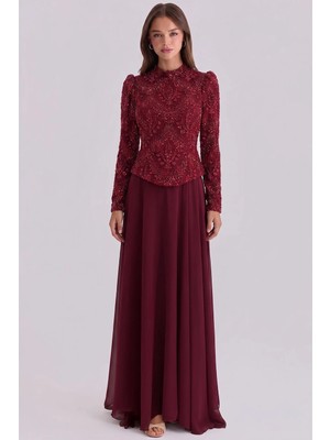 Olcay Boncuk Desenli Şifon Kombinli Exclusive Tesettür Abiye Elbise Bordo 1089