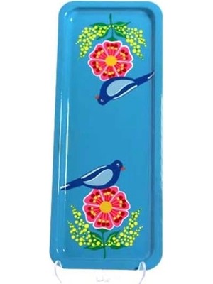 Dedemin Emayeleri Dikdörtgen Tepsi Mavi Kuşlu (12 x 33 Cm)