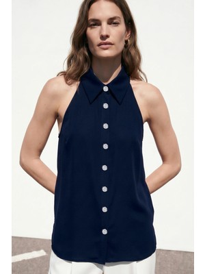 Sateen Halter Yaka Gömlek - Lacivert
