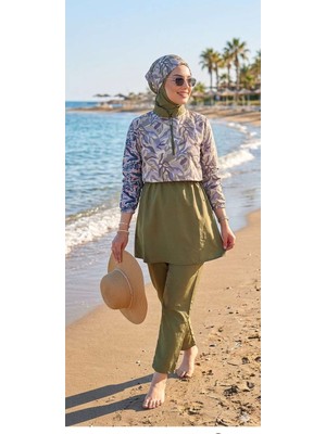 Besa Tesettür Bandana Mayo Dijital Desenli Siyah 4 Parça Eşarp Bone, Bandana, Üst, Alt Takım Ten ve Vücut Hatlarını Göstermez