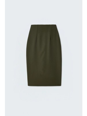 Sateen Düz Kalem Etek - Haki