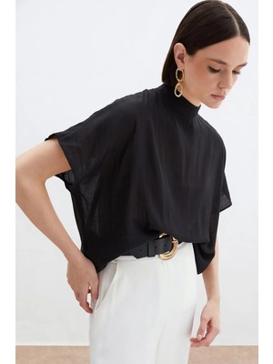 Sateen Desenli Salaş Bluz - Siyah