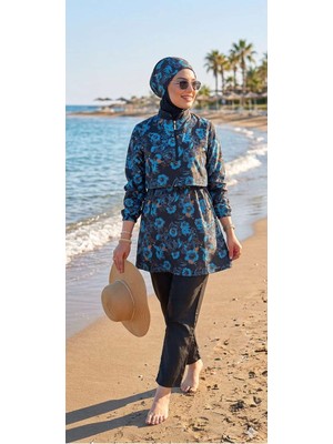Besa Tesettür Bandana Mayo Dijital Desenli Siyah 4 Parça Eşarp Bone, Bandana, Üst, Alt Takım Ten ve Vücut Hatlarını Göstermez
