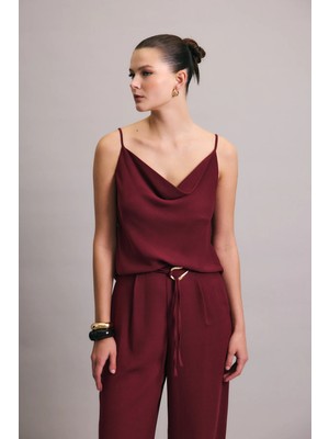 Sateen Degaje Yaka Dökümlü Bluz - Mürdüm