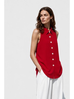Sateen Halter Yaka Gömlek - Kırmızı