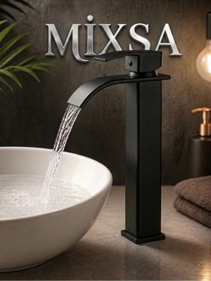 Mixsa Mat Siyah Şelale Lavabo Bataryası Uzun Çanak Lavabo Musluğu Modern Çift Su Girişli Banyo Musluğu