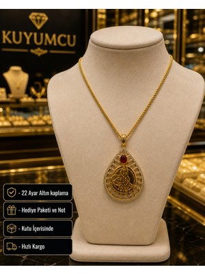Herşey Nota 22 Ayar Altın Kaplama Osmanlı Tuğra Desenli Kırmızı Taşlı Hediye Kolye