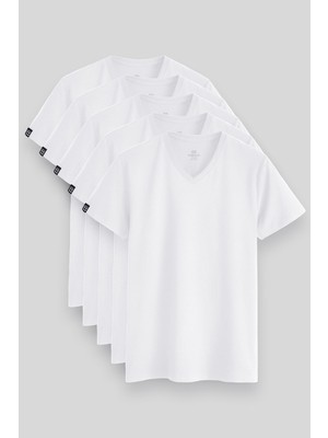 Standart Fit Basic V Yaka  5li Paket Beyaz Erkek T-Shirt  87912