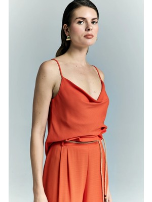 Sateen Degaje Yaka Dökümlü Bluz - Oranj