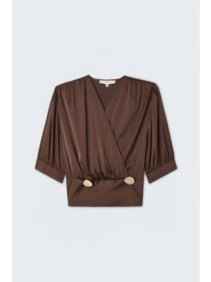 Sateen Kısa Kollu Saten Bluz - Kahve