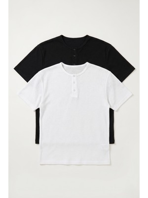Defy's Erkek Henley Yaka %100 Pamuklu Rahat Kesim Günlük Basic 2'li Tişört Seti