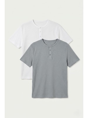 Defy's Erkek Henley Yaka %100 Pamuklu Rahat Kesim Günlük Basic 2'li Tişört Seti