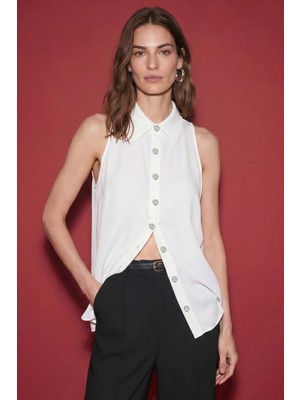 Sateen Halter Yaka Gömlek - Ekru