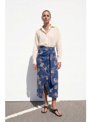 Sateen Nakış Detaylı Uzun Etek - Indigo