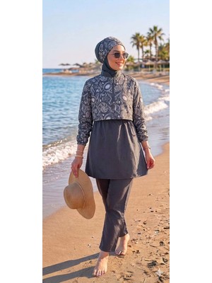 Besa Tesettür Bandana Mayo Dijital Desenli Siyah 4 Parça Eşarp Bone, Bandana, Üst, Alt Takım Ten ve Vücut Hatlarını Göstermez