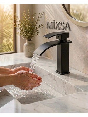 Mixsa Mat Siyah Lavabo Bataryası - Şelale Akışlı Modern Banyo Musluğu Sabit Lavabo Çift Su Girişli