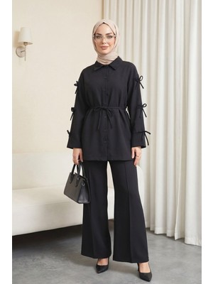 Moda Morfo Kolları Fiyonk Detaylı İthal Krep Pantolonlu Takım -Siyah