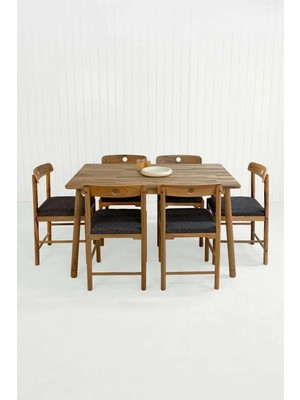 Unboxdeco Alaçatı 6 Kişilik Masif Ceviz Ahşap Masa Takımı, 6 Sandalye - Antrasit 130X80