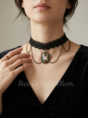 Gotik Siyah Dantel Kolye. Vintage Esintili Choker Dantel Gerdanlık Zincirli. Ayarlanabilir Zincir.antik Altın Rengi.