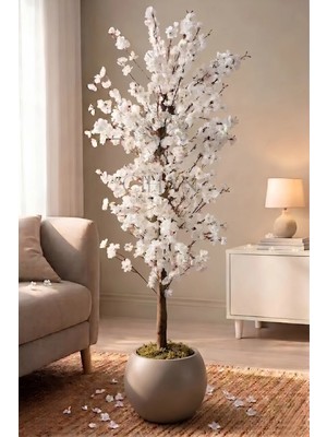 Cihan Çiçekçilik Yapay Beyaz Bahar Dalı Ağacı 180CM- 27X33 cm Küre Saksılı