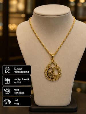 Herşey Nota 22 Ayar Altın Kaplama Osmanlı Tuğra Motifli Taşlı Kadın Hediye Kolyesi