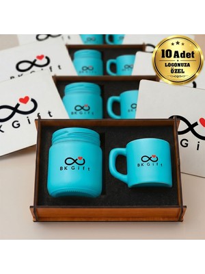 BK Gift Logonuza Özel 10 Adet Kutulu Turkuaz Renk Mum ve Kahve Fincanı Seti – Ahşap Kutulu Kurumsal Hediye Seti