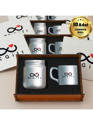 BK Gift Logonuza Özel 10 Adet Kutulu Gümüş Renk Mum ve Kahve Fincanı Seti – Ahşap Kutulu Kurumsal Hediye Seti
