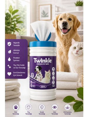 Twinkle Kedi & Köpek Için Hijyenik Premium Islak Mendil 50 Adet Silindir Kutu- Doğal, Vegan Içerik