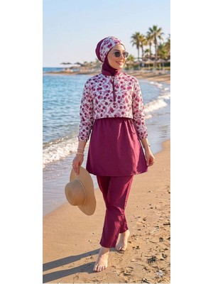 Besa Tesettür Bandana Mayo Dijital Desenli Siyah 4 Parça Eşarp Bone, Bandana, Üst, Alt Takım Ten ve Vücut Hatlarını Göstermez