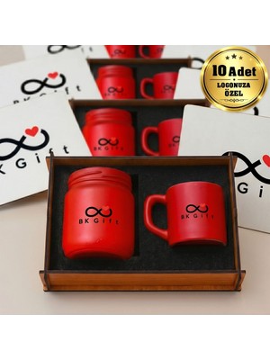 BK Gift Logonuza Özel 10 Adet Kutulu Kırmızı Renk Mum ve Kahve Fincanı Seti – Ahşap Kutulu Kurumsal Hediye Seti