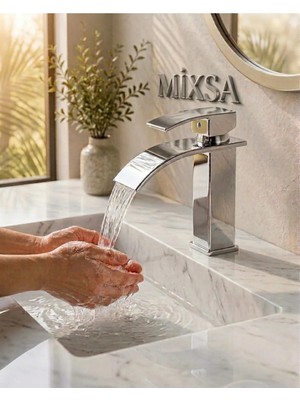 Mixsa Krom Kare Lavabo Bataryası - Şelale Akışlı Modern Banyo Musluğu Sabit Lavabo Çift Su Girişli