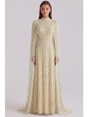 Olcay İnci ve Pul Bezeli Exclusive Tesettür Abiye Elbise KREM 1039