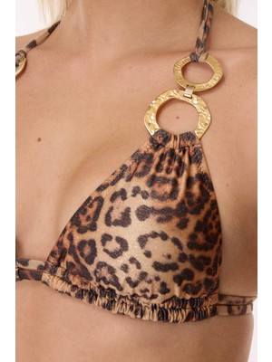 Ayyıldız 6606 Simli Leopar Desenli Aksesuarlı Üçgen Bikini Takımı