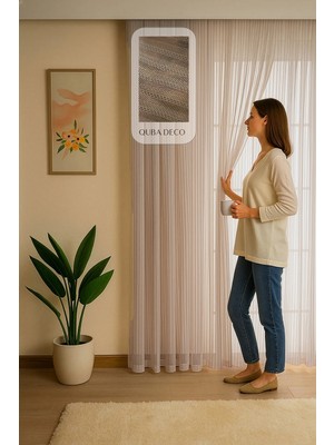 Quba Deco Italyan Keten Tül Dökümlü Natural 1/3 Pile Ütü Istemez Ekru Tül Perde Salon Oturma Odası Yatak Odası Antre