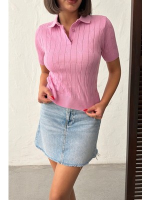 Bejna Kadın Saç Örgülü Pamuklu Ince Triko Polo T-Shirt
