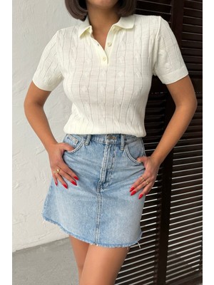 Bejna Kadın Saç Örgülü Pamuklu Ince Triko Polo T-Shirt