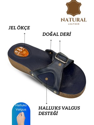 Sermoda Hakiki Deri Kadın Terlik - Halluks Valgus Destekli Jel Taban Kadın Terlik Lacivert