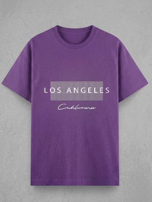 Trendseninle Node Losangeles Baskı %100 Organik Pamuk Relaxed Fit Yuvarlak Yakalı Tişört Mor