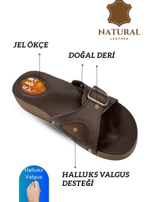 Sermoda Hakiki Deri Kadın Terlik - Halluks Valgus Destekli Jel Taban Kadın Terlik Kahve