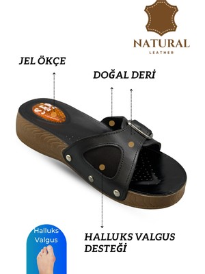 Sermoda Hakiki Deri Kadın Terlik - Halluks Valgus Destekli Jel Taban Kadın Terlik Siyah