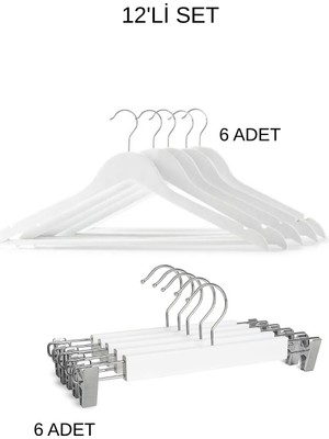 808 Studio Beyaz Ahşap Askı Set 12LI Set Beyaz Pantolon Askısı Beyaz Elbise Askısı Tshirt Askısı