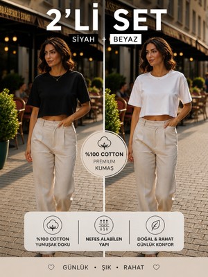 Hayalet %100 Pamuk Bisiklet Yaka T-Shirt - Kadın Basic Crop